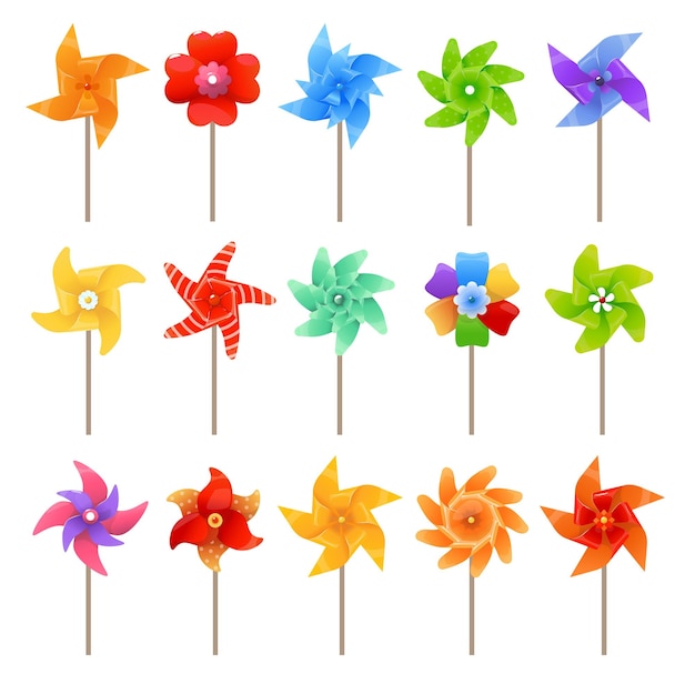 Juguetes de verano de rueda de pinos coloridos Molinos de viento de papel de dibujos animados Diferentes formas Cantidad de paletas Origami para niños Ventiladores giratorios Propeleras de rotación Ventilador en palo Color vectorial Molinos de Viento conjunto