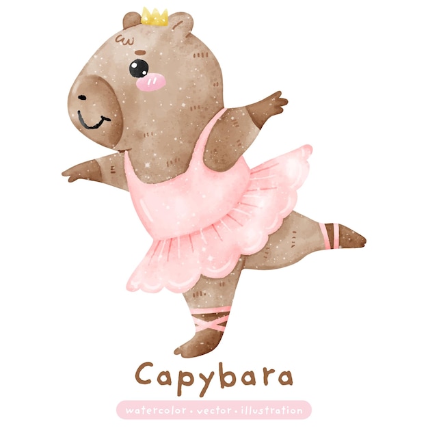 El juguetón de ballet Capybara en el rosa Tutu Dace Pose acuarela