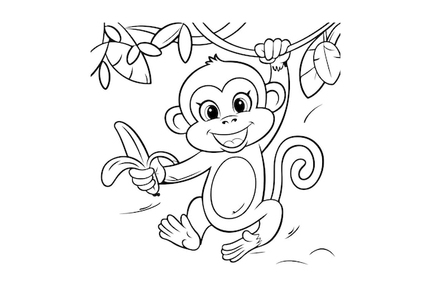 El juguetón del mono de dibujos animados que sostiene el vector del plátano
