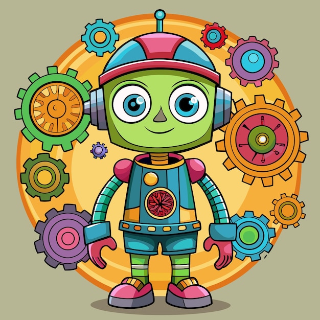 El juguetón robot con engranajes brillantes Arte vectorial de dibujos animados