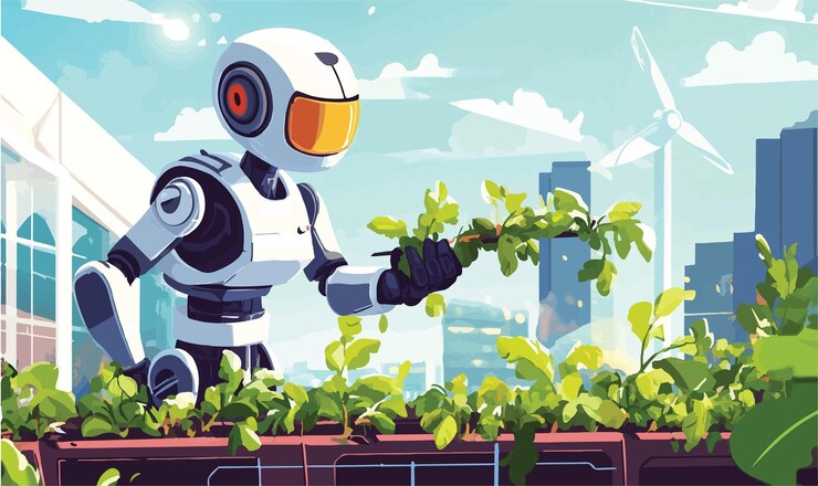Vector el juguetón robot jardinero una ilustración de dibujos animados caprichosa