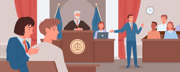 Juicio de la corte, concepto de justicia de derecho Abogado defensor de dibujos animados o personaje de fiscal