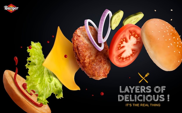 Vector jumping burger ads, hamburguesa deliciosa y atractiva con ingredientes refrescantes en la ilustración 3d sobre fondo negro