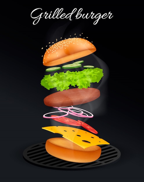Vector jumping burger ads, hamburguesa con queso deliciosa y atractiva con ingredientes refrescantes en la ilustración 3d en negro. .