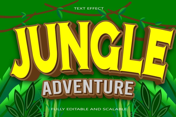 Vector jungle adventure efecto de texto editable relieve en 3 dimensiones estilo de dibujos animados