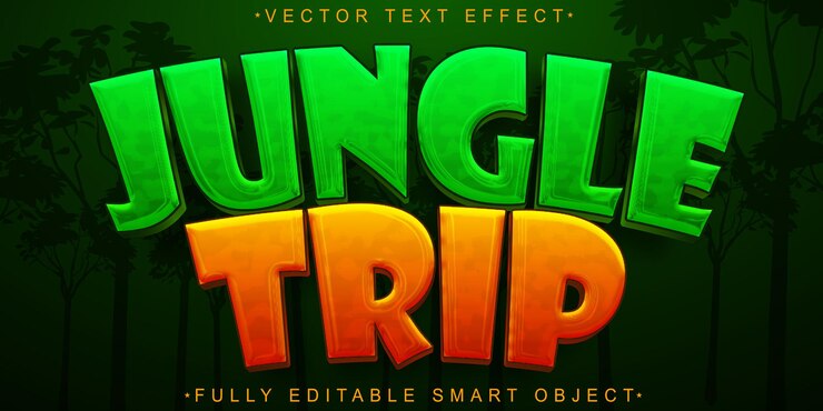 Vector jungle trip vector efecto de texto de objeto inteligente totalmente editable