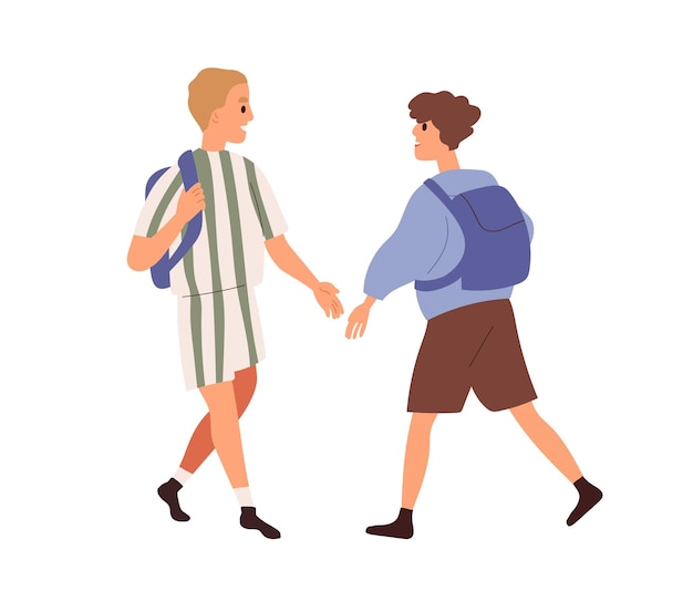 junior schoolkids with schoolbags meeting and greeting boys going to and from school happy children passing by each other and smiling flat vector illustration of schoolboys isolated on white