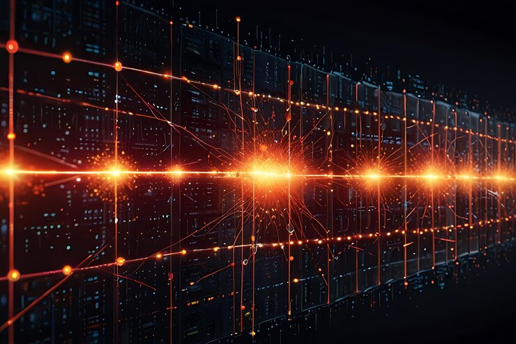 Junta de circuitos digitales futuristas con resaltes naranjas brillantes