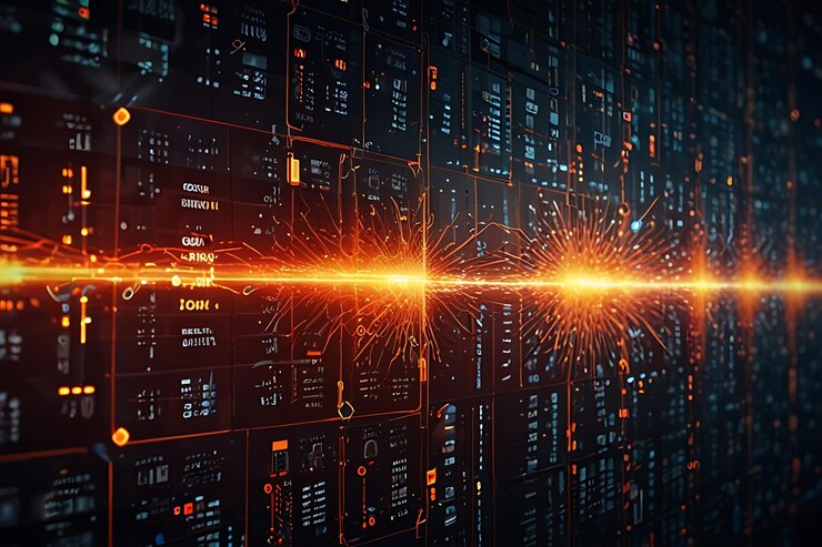 Junta de circuitos digitales futuristas con resaltes naranjas brillantes