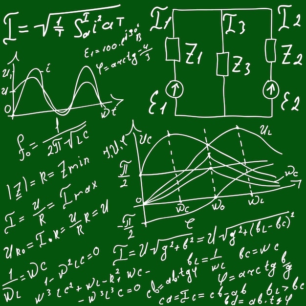 La junta escolar sobre el trasfondo de ecuaciones y fórmulas matemáticas diagramas dibujados a mano