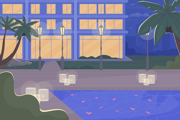 Junto a la piscina vacía con una decoración romántica en la ilustración de vector de color plano de noche