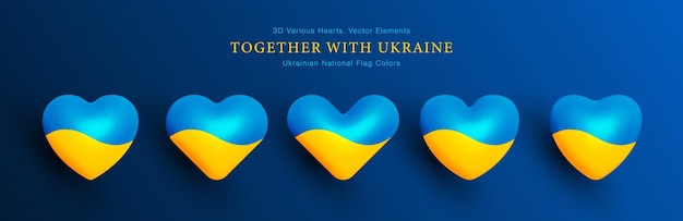 Junto con Ucrania Vector Varios Corazones 3D Conjunto Colores Nacionales Bandera Azul Amarilla Ucraniana Aislada Sobre Fondo Azul Corazón Tridimensional Voluntarios del Ejército Ucraniano Colección de Iconos de Personas