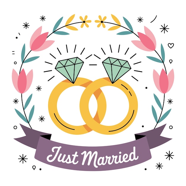 Just Married Wedding Rings and Floral Wreath Illustration