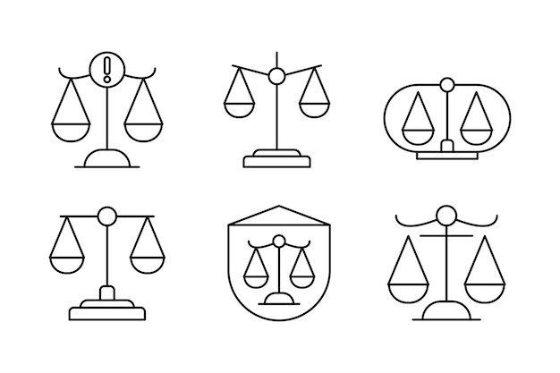 Justice and Law Vector Set Icon Templates para las representaciones legales