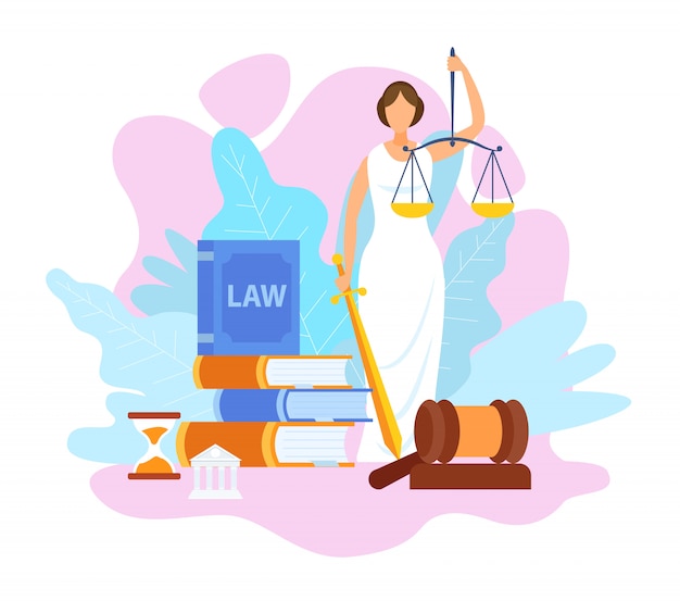 Justicia estatua sosteniendo escalas ilustración plana