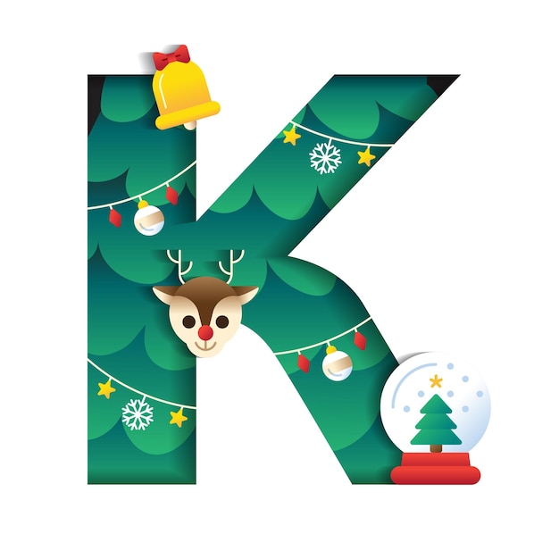 K Alfabeto Fuente Lindo Feliz Navidad Reno Campana Snowglobe Árbol de Navidad Elemento Dibujos animados Papel 3D