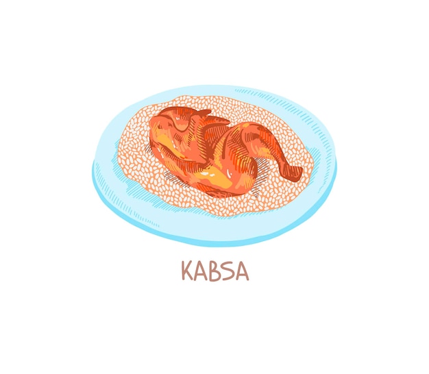 Kabsa plato árabe tradicional arroz blanco con pollo dibujo a mano dibujo icono símbolo