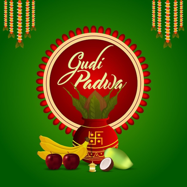 Kalash tradicional realista de gudi padwa con frutas y fondo