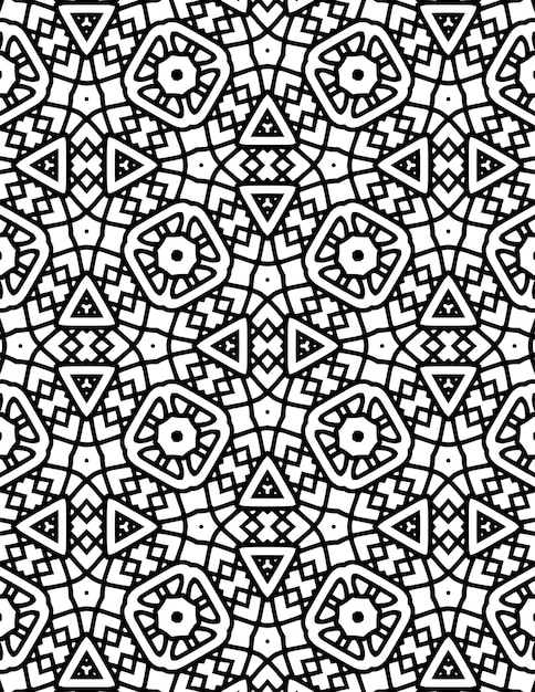 Kaleidoscopio Patrón geométrico Fondo Ilustración repetida Arte lineal en blanco y negro