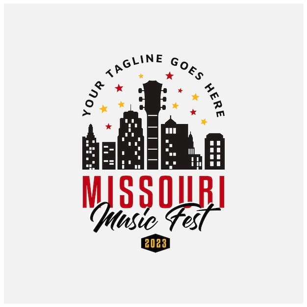 Kansas city missouri apartment building skyline instrumento de guitarra para music fest festival logo