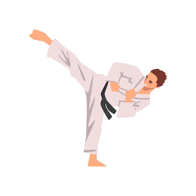 Karate fighter en kimono haciendo patada personaje de atleta masculino en uniforme deportivo deporte activo estilo de vida saludable ilustración vectorial sobre fondo blanco