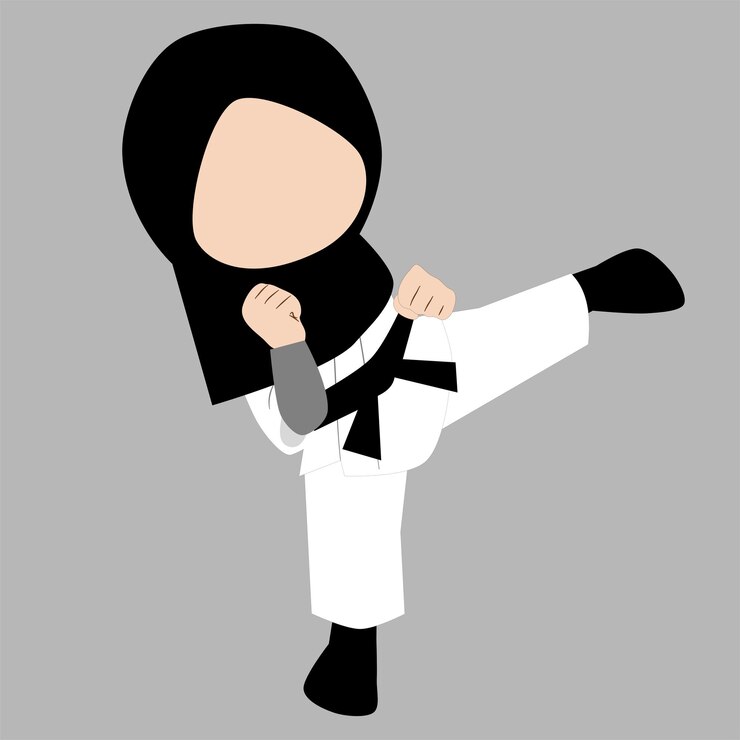 Karateka femenina con el hijab pateando