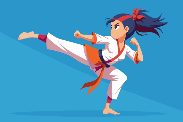 Un karateka realiza una patada alta dinámica contra un fondo azul