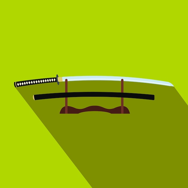 Vector katana sobre un icono plano de soporte de madera sobre un fondo verde