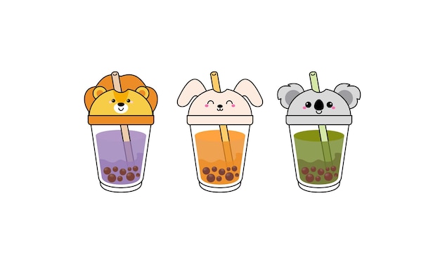 Kawai Cute Bubble Tea con taza de caras de animales