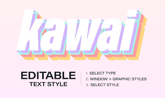 Kawai efecto de texto editable plantilla de estilo gráfico de arco iris colores personalizables vector de estilo de contorno