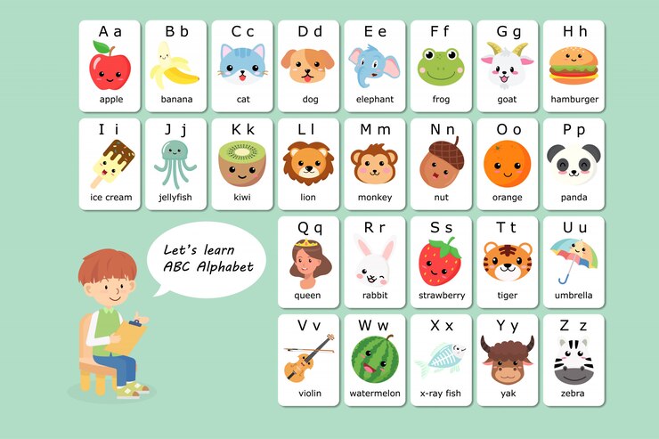 Vector kawaii abc vocabulario en inglés y flash del alfabeto