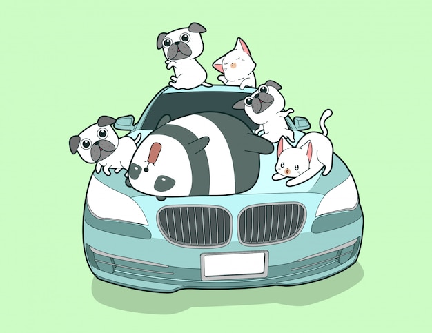 Kawaii animales y auto azul en estilo de dibujos animados.