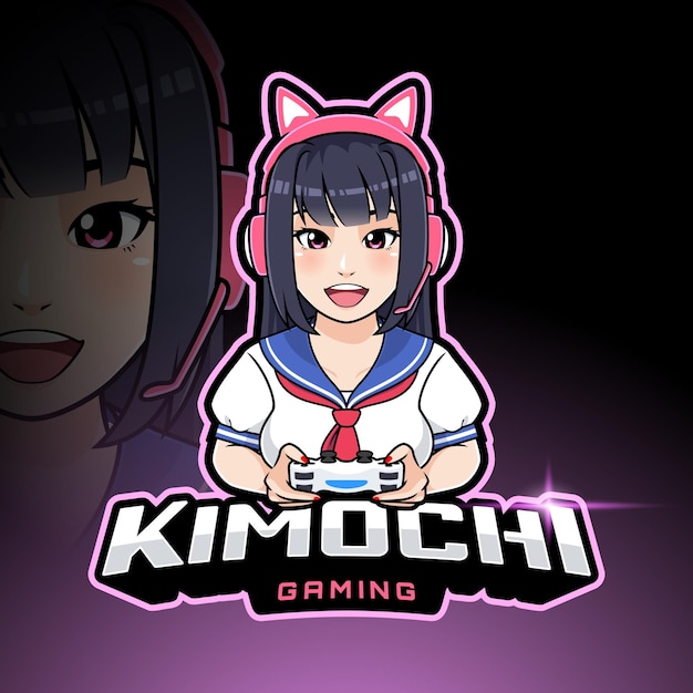 Kawaii anime girl cosplay holding gamepad Esport mascota logo