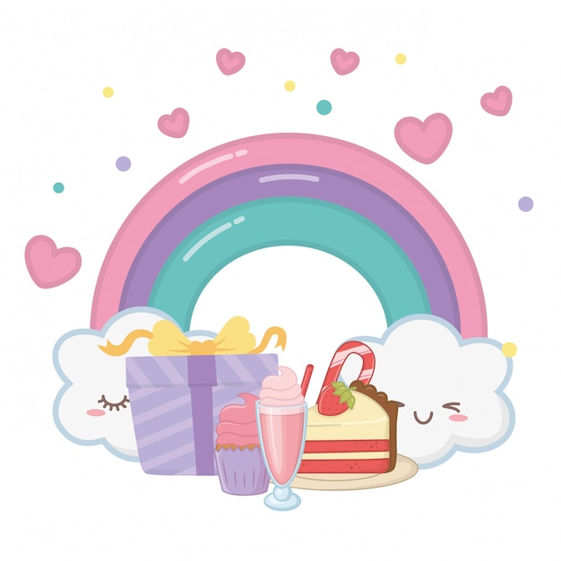 Vector kawaii arcoiris y feliz cumpleaños