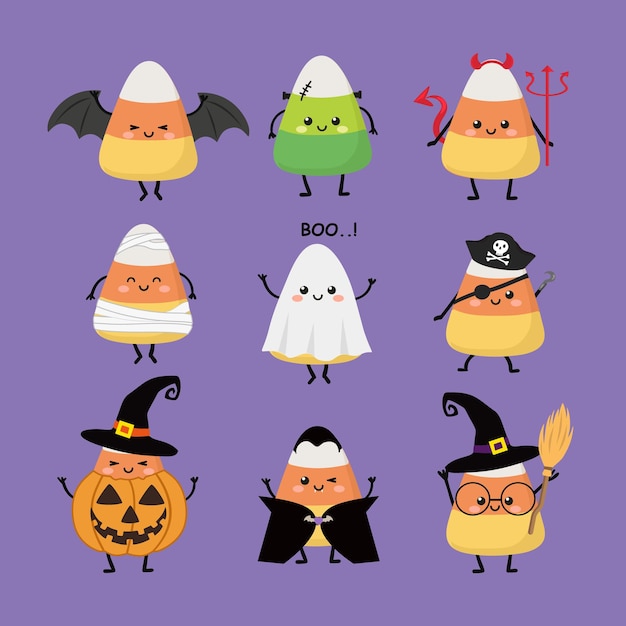 Kawaii candycorns conjunto de halloween ilustración vectorial