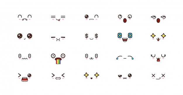 Kawaii caras lindas sonríen emoticones. emoji japonés