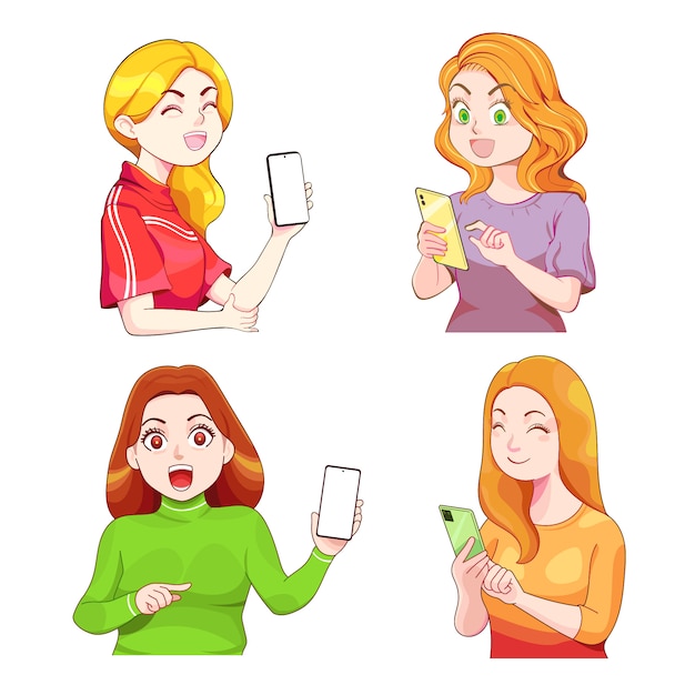 Vector kawaii chica sosteniendo el teléfono celular, utilizando el móvil para mostrar la pantalla. linda mujer sonriendo, posando, mirando el teléfono inteligente. conjunto de dibujos animados