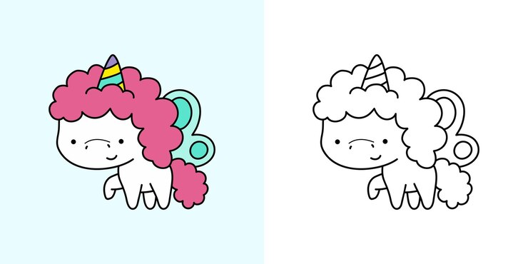 Vector kawaii clipart unicornio ilustración y para colorear página. divertido unicornio kawaii.