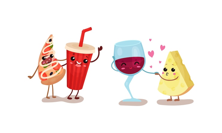 Vector kawaii coca-cola y vino con las manos con pizza y queso vector set