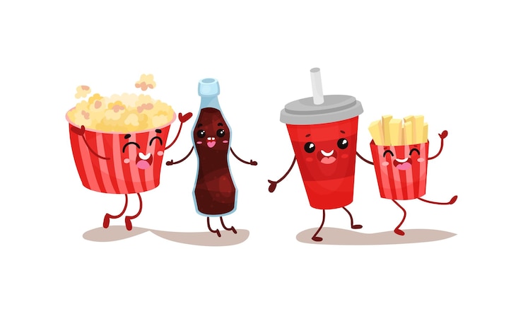 Vector kawaii coke saltando con palomitas de maíz y patatas fritas conjunto vectorial