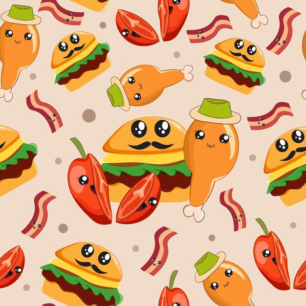 kawaii, comida chatarra, caricatura, seamless, patrón