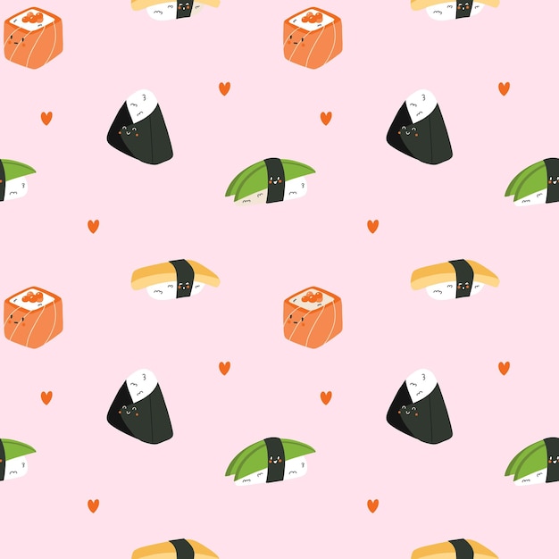 Kawaii comida japonesa patrón sin costuras Rollos y personajes de sushi emoji arroz asiático y salmón mascota emociones papel tapiz de envoltura textil Impresión para tela dibujos animados plano fondo vectorial aislado