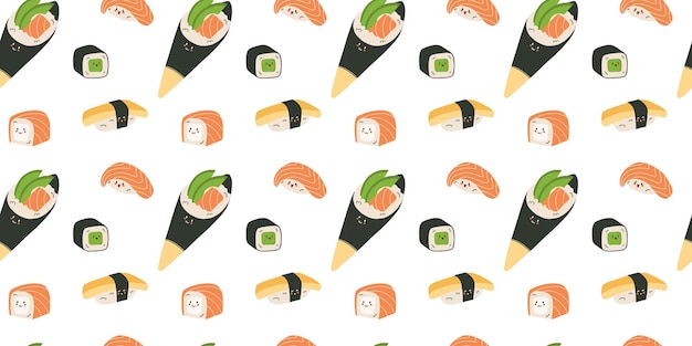 Kawaii comida japonesa patrón sin costuras Rollos y personajes de sushi emoji arroz asiático y salmón mascota emociones papel tapiz de envoltura textil Impresión para tela dibujos animados plano fondo vectorial aislado