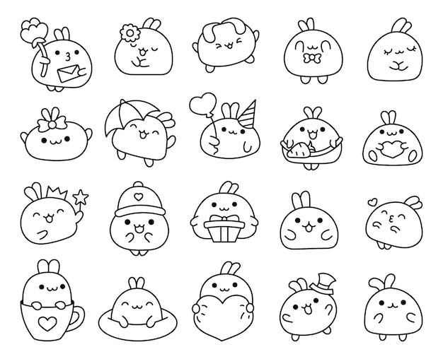 Kawaii conejo para colorear Página de dibujos animados lindo personaje de bebé mascota gracioso animal sonriente