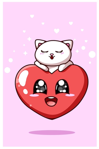 Kawaii corazón y gatito, ilustración de dibujos animados de tema de san valentín