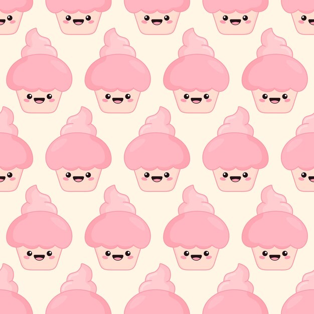 Kawaii cupcake de patrones sin fisuras Adorable cariño Ilustración de vector rosa lindo