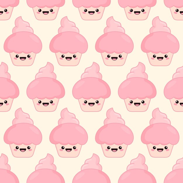 Kawaii cupcake de patrones sin fisuras Adorable cariño Ilustración de vector rosa lindo