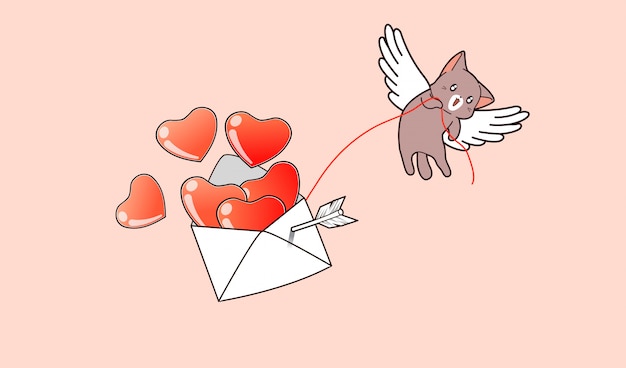 Kawaii Cupid cat está levantando corazones que dentro de la letra