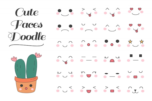 Kawaii cute faces cartoon doodle dibujo colección de plantillas