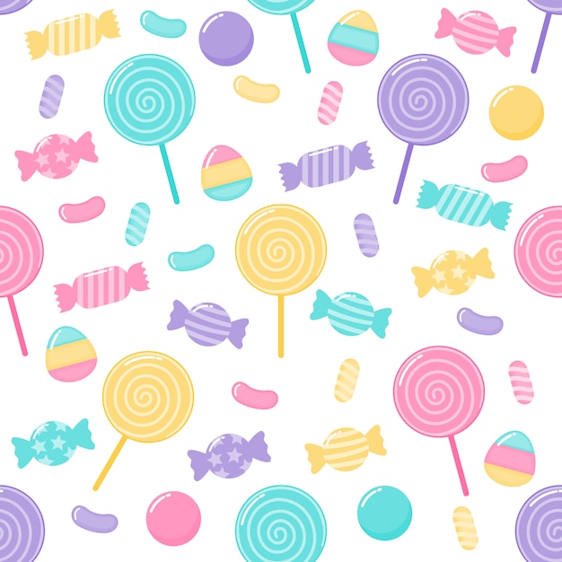 Vector kawaii cute pastel candy dulces postres patrón sin fisuras con diferentes tipos